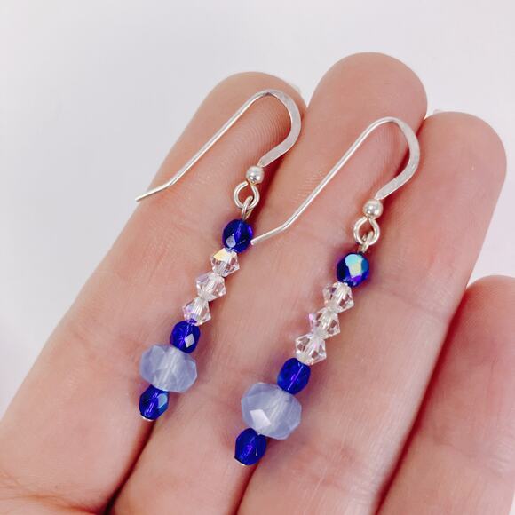 Vintage Artisan Sterling Silver Swarovski Blue Crystal Dangle Earrings Handmade - Picture 2 of 10